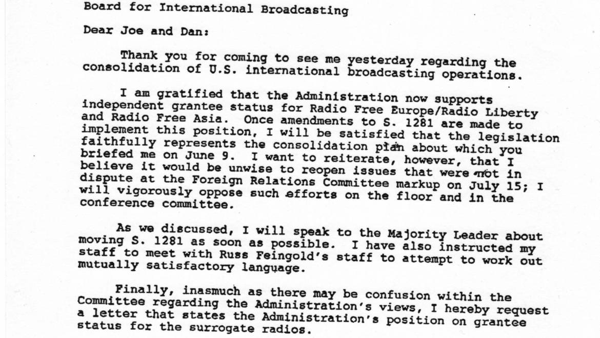 Reference to 1993 Biden letter defending independent grantee status for Radio Free Europe/Radio Liberty