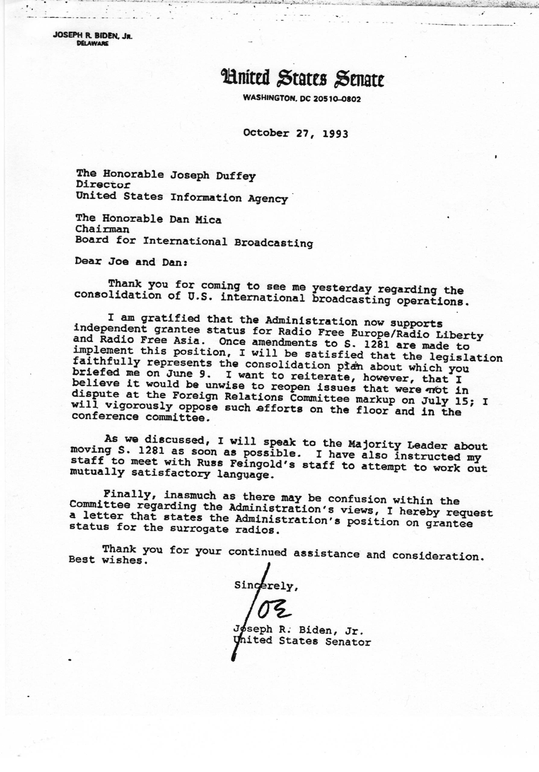 U.S. Senator Joseph Biden's letter to USIA Director Joseph Duffey and BIB Chairman Dan Mica defending independent grantee status for Radio Free Europe/Radio Liberty (RFE/RL), October 27, 1993.