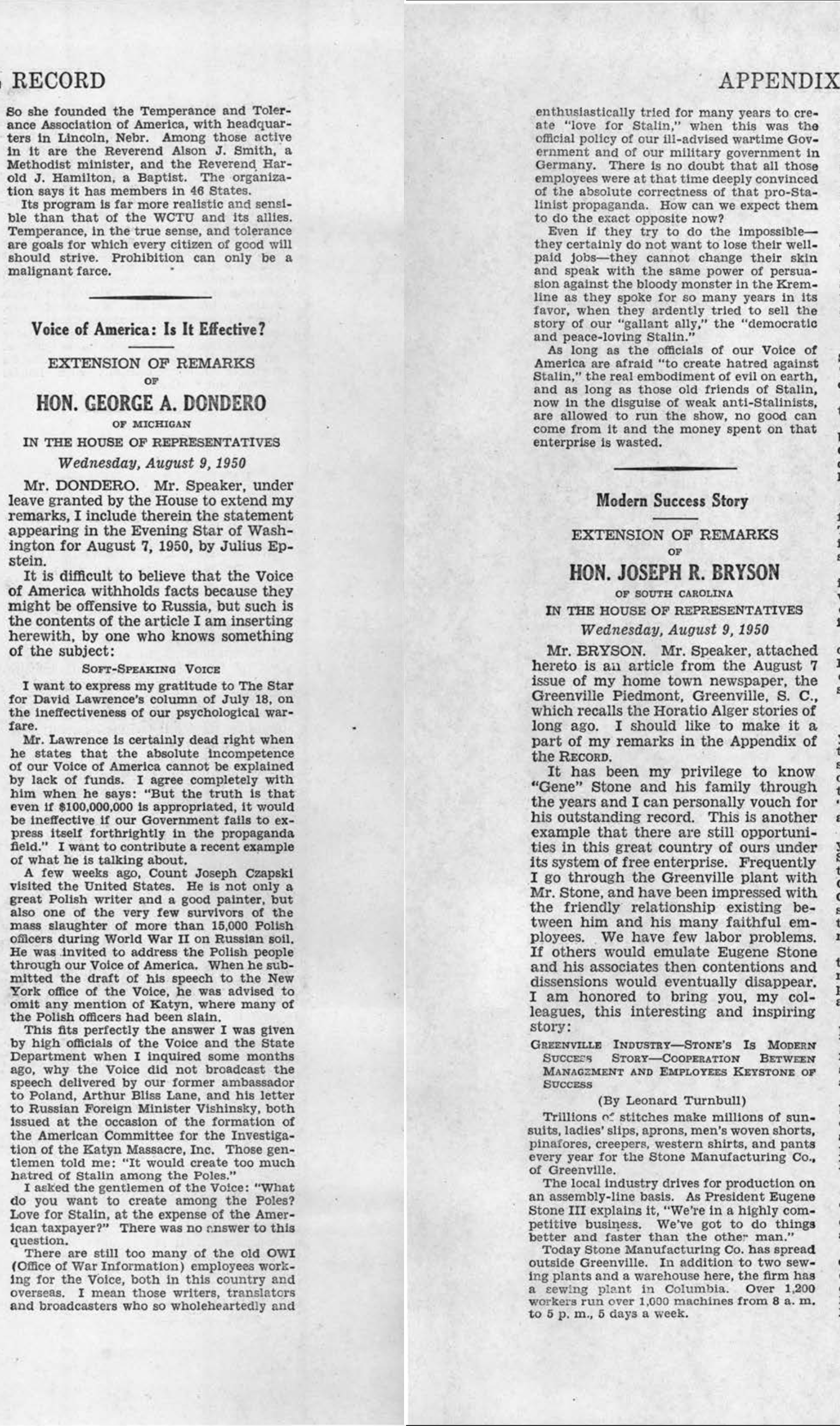 Congressman George A. Dondero, August 9, 1950, Congressional Record- the 81st Congress, Second Session, Appendix. Part 17 ed. Vol. 96. pp. A5744-A5745.