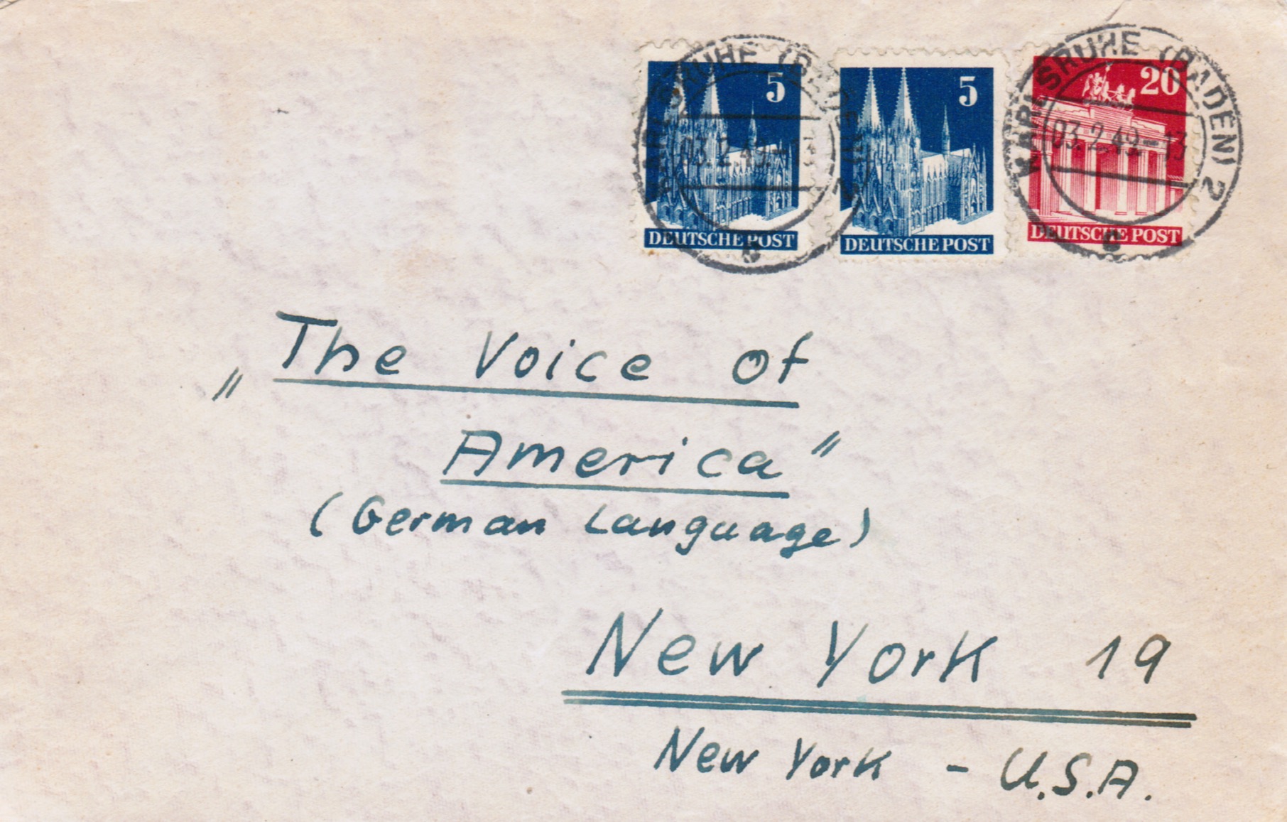 Envelope for a letter sent in 1949 to the Voice of America German Service in New York.