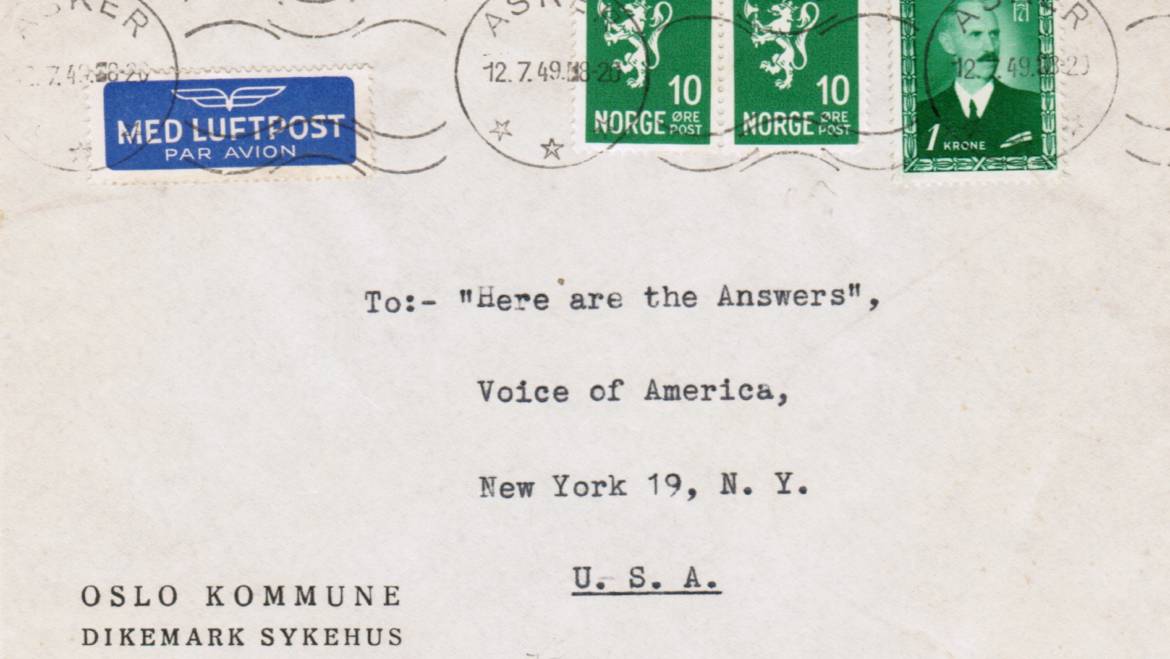 1949 Letter from Norway to Voice of America ‘Here Are The Answers’ Program