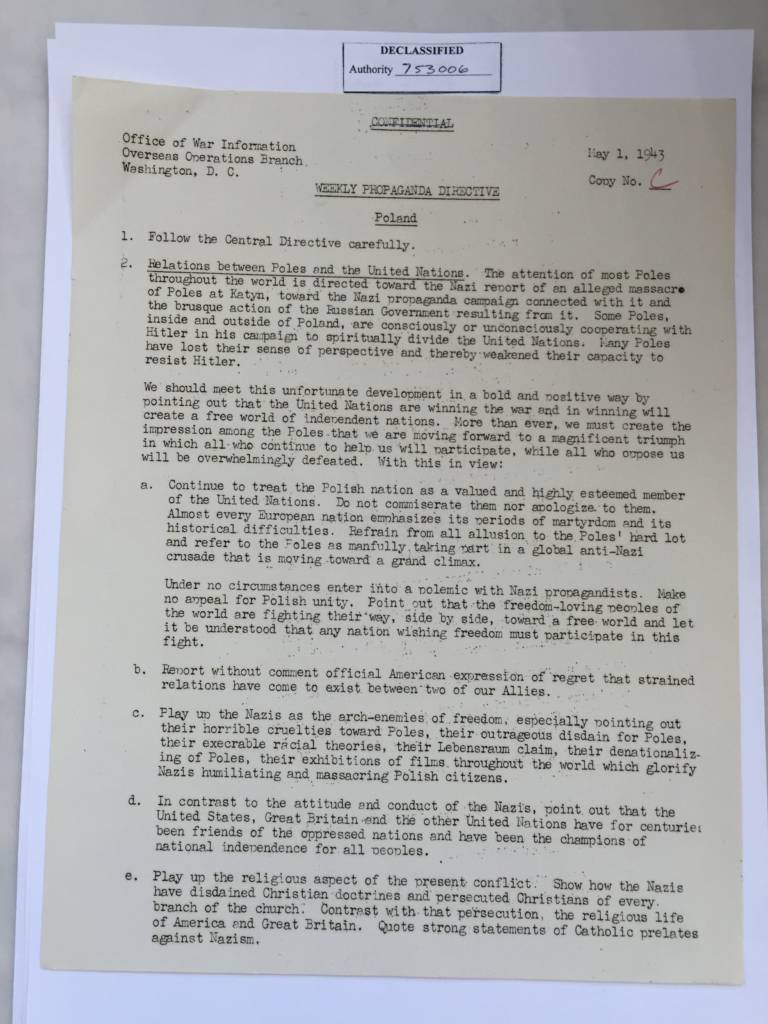 Robert E. Sherwood Office of War Information Weekly Propaganda Directive – Poland, May 1, 1943.