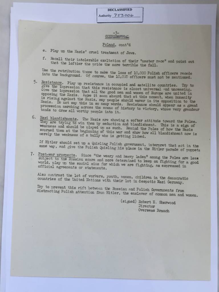 Robert E. Sherwood Office of War Information Weekly Propaganda Directive – Poland, May 1, 1943.