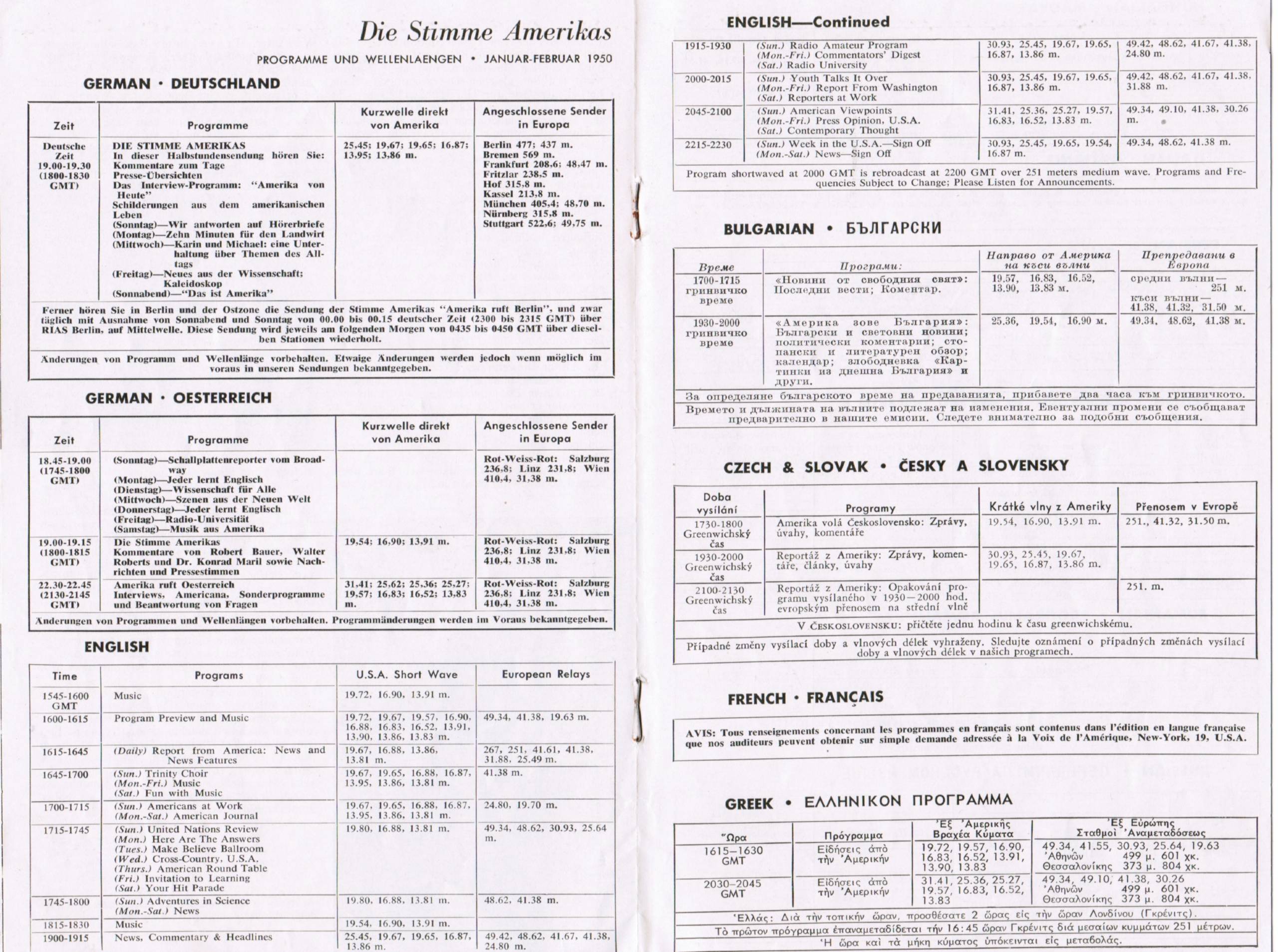 Voice of America Die Stimme Amerikas German Service brochure pages with VOA program schedules  (partial), January-February 1950.