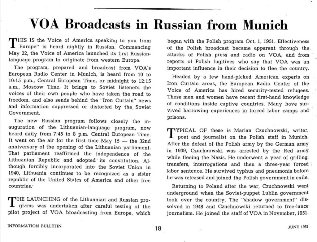 "VOA Broadcasts in Russian From Munich," Information Bulletin, The Office of US High Commissioner for Germany, June 1952. Page 18.