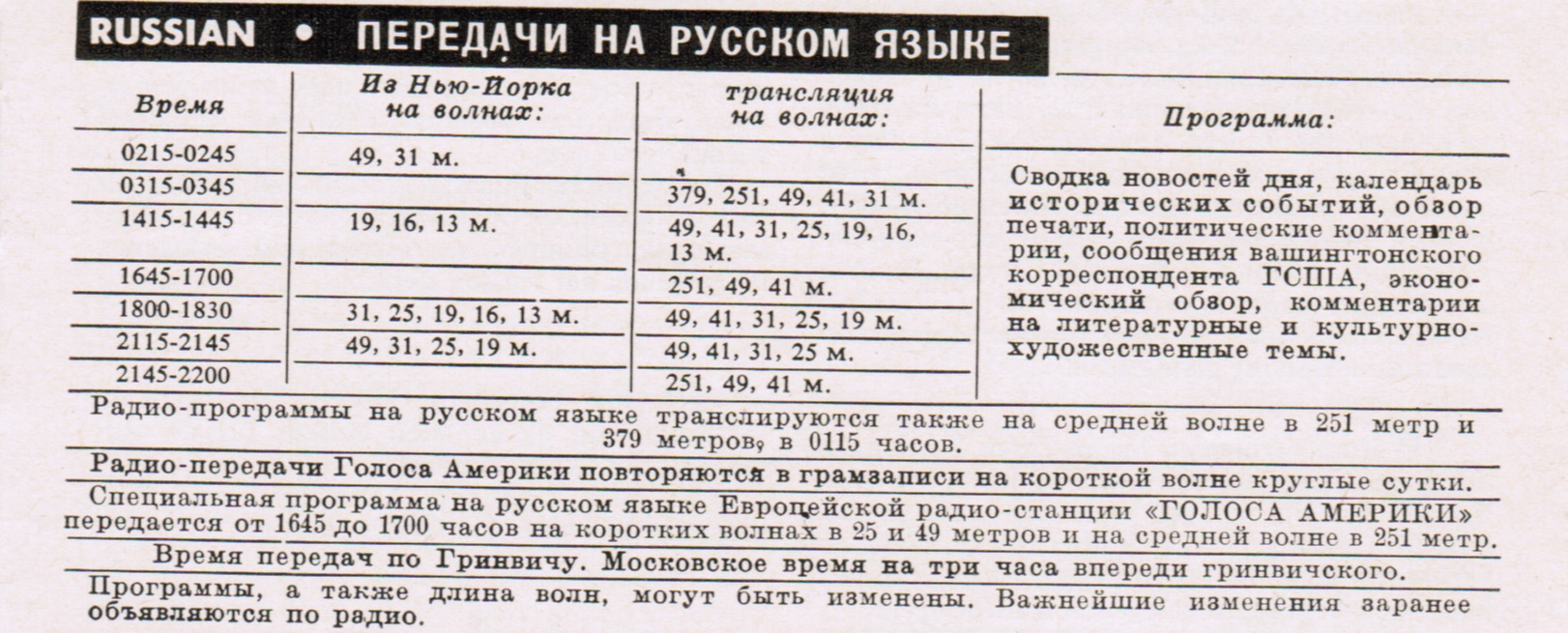 VOA Russian broadcasts listed in "Die Stimme Amerikas" German Service January-February 1953 promotional pamphlet.