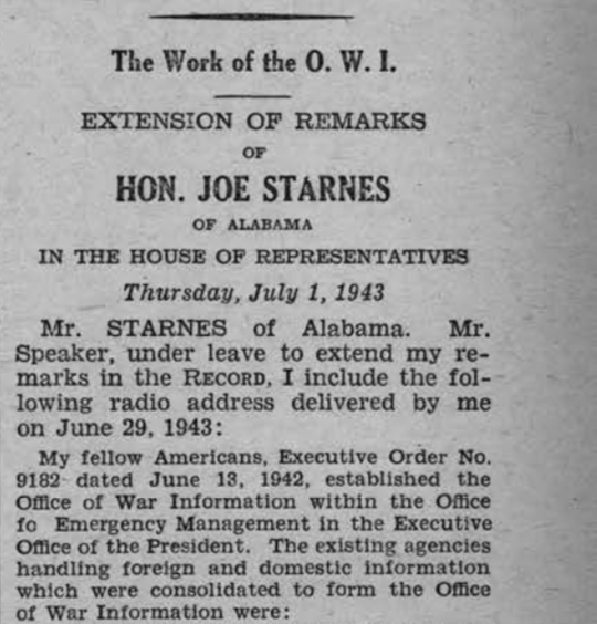 Rep. Joe Starnes on "The Work of the OWI" in Congressional Record July 1, 1943.