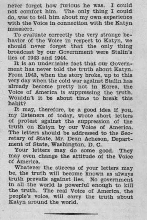 Rep. Philip J. Philbin (D-MA), speaking in the U.S. House of Representatives on December 11, 1950, quoting independent journalist Julius Epstein describing Voice of America's censorship of Józef Czapski.