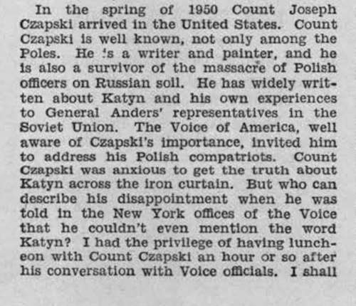 Rep. Philip J. Philbin (D-MA), speaking in the U.S. House of Representatives on December 11, 1950, quoting independent journalist Julius Epstein describing Voice of America's censorship of Józef Czapski.